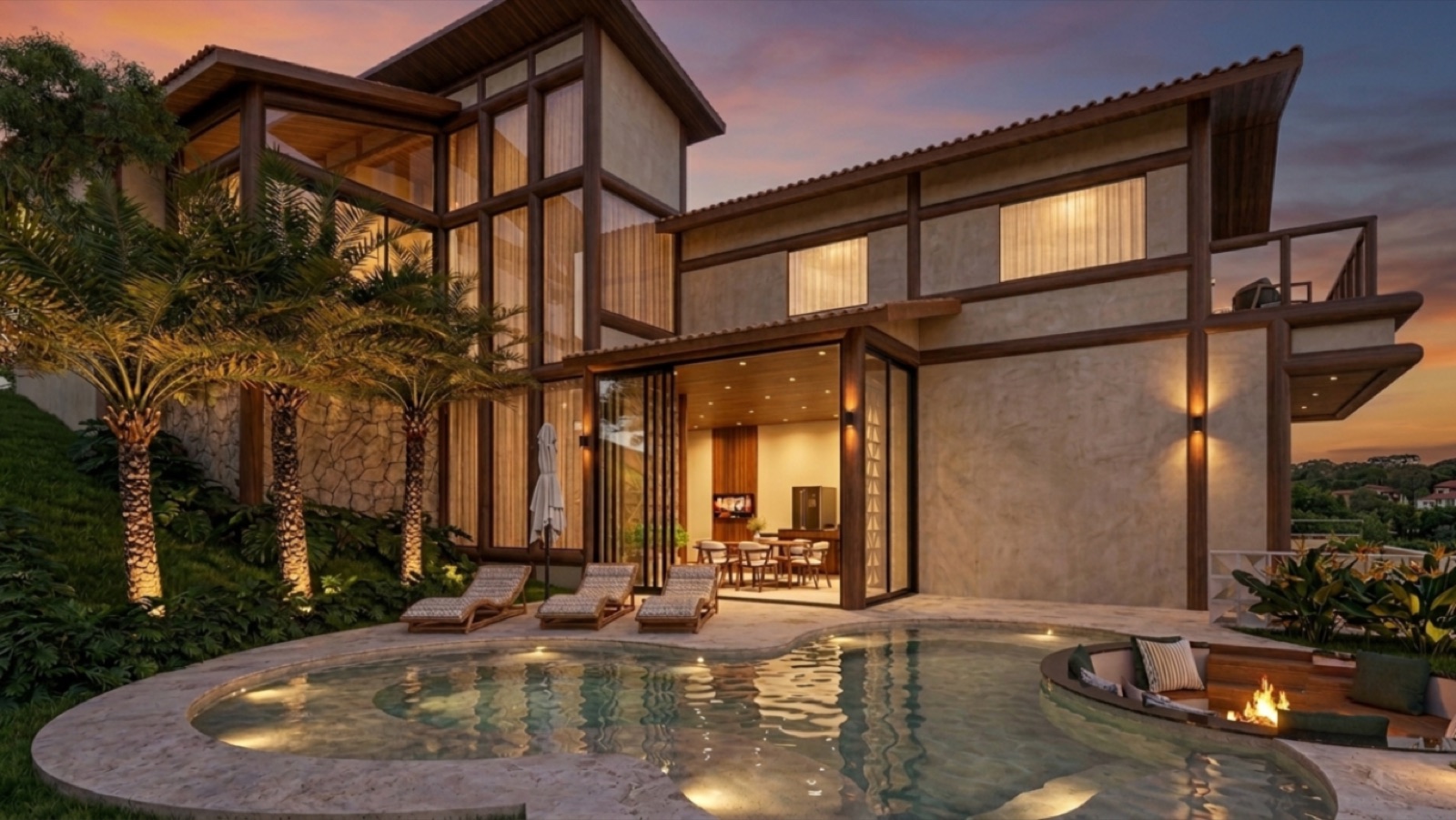 Piscina e área de lazer da Casa Brisa da Represa ao entardecer